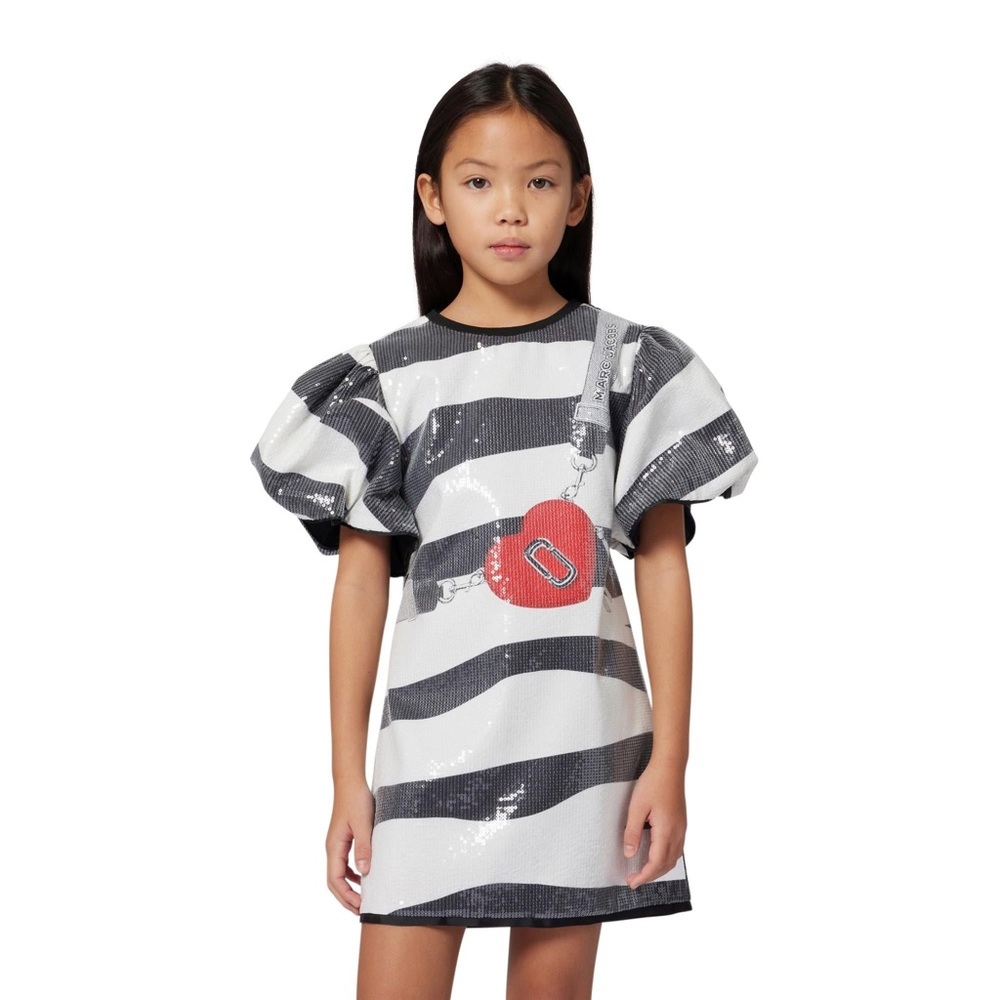 Marc Jacobs Black & White Striped Sequin Heart Tee with Red Heart Detail